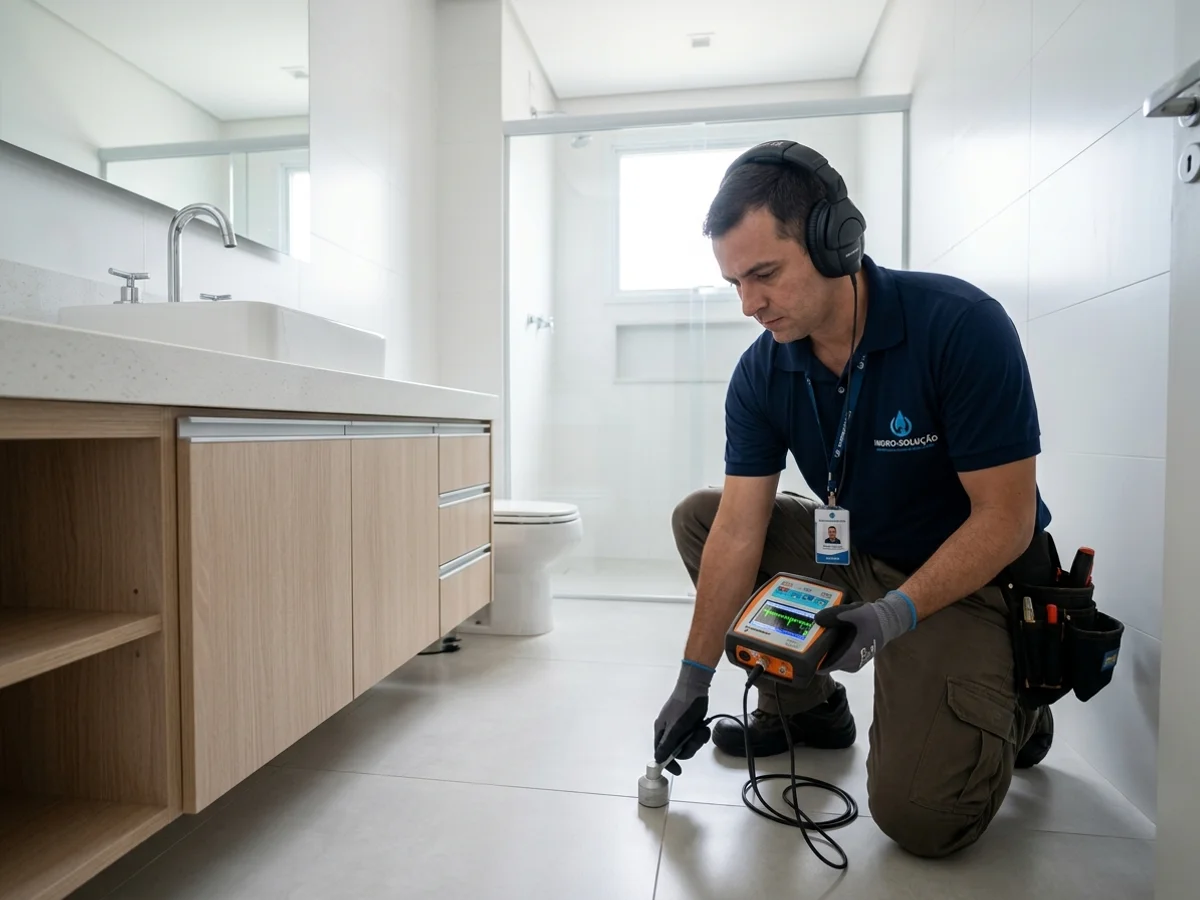 Especialista com geofone digital inspecionando piso residencial sem quebrar