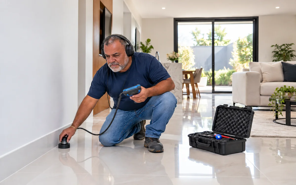 Técnico Ronaldo com geofone digital localizando vazamento