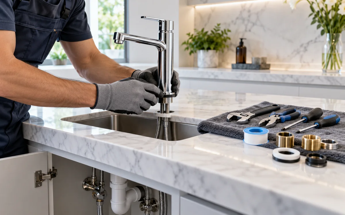 Técnico experiente realizando conserto e regulagem de registro hidráulico residencial