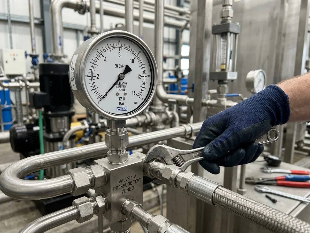 Teste manométrico de estanqueidade e pressão em tubulação